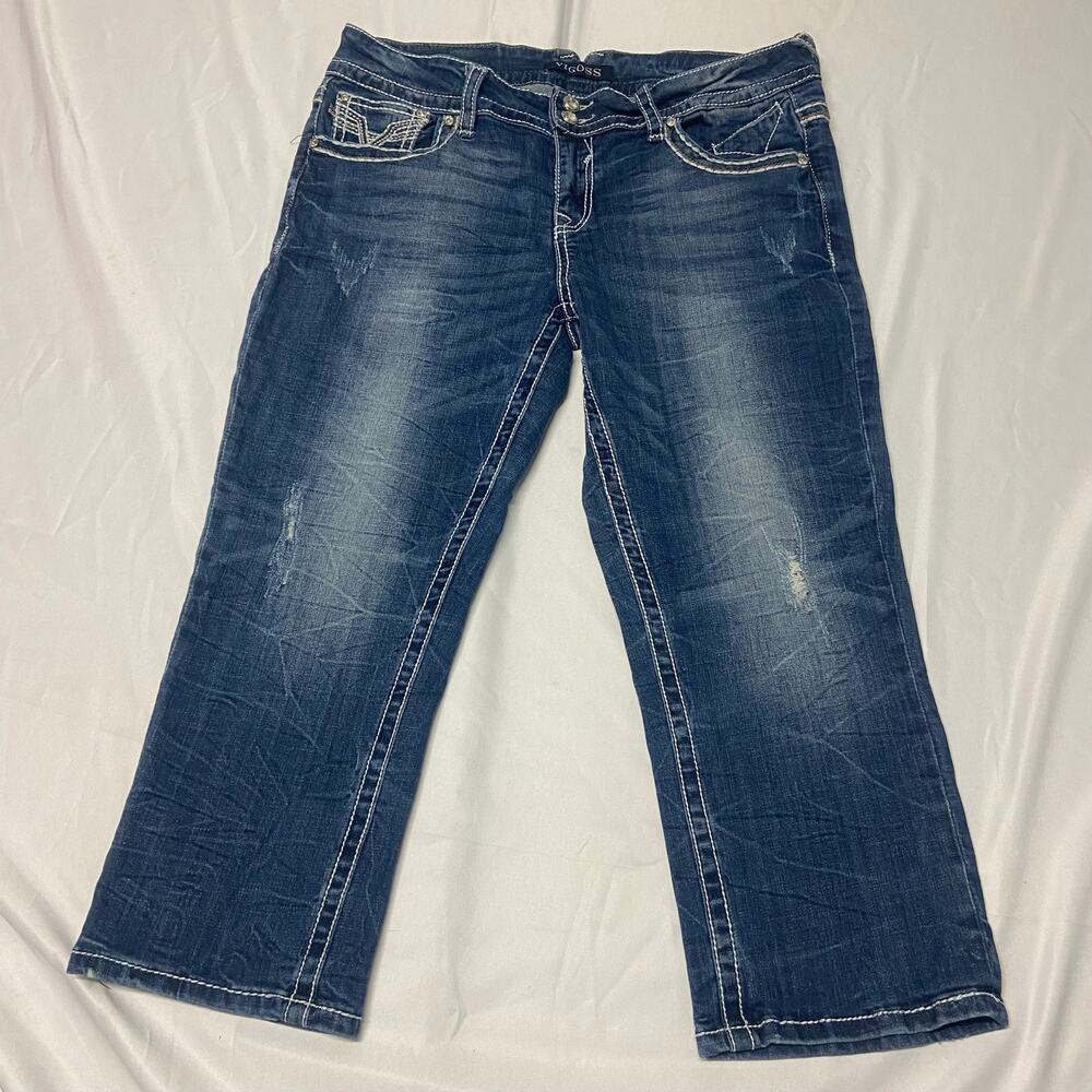 Vigoss Jeans Denim Bling Pockets W32 L21 Stretchy Distressed Zip Up Mid Rise GUC